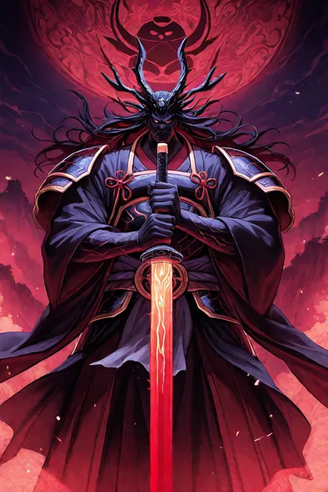 The rough Japanese male god Susanoo、Figure wearing a cloth kimono、holds a long sword in both hands and pushes him to the ground、