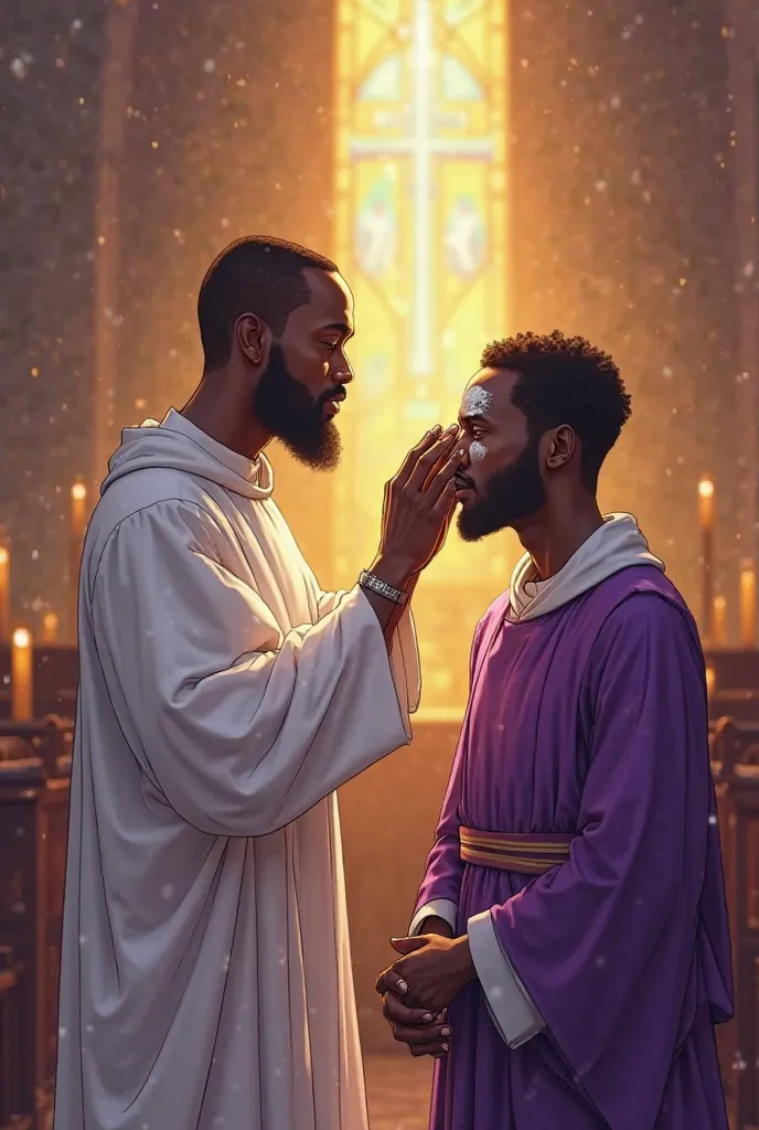 On the occasion of the Catholic month of Lent, I want an illustration of an African priest and an African  with the priest putting ashes on the 's forehead and clearly visible. 
With the white dawn as a priest and a purple tunic from Lent in a church with ...