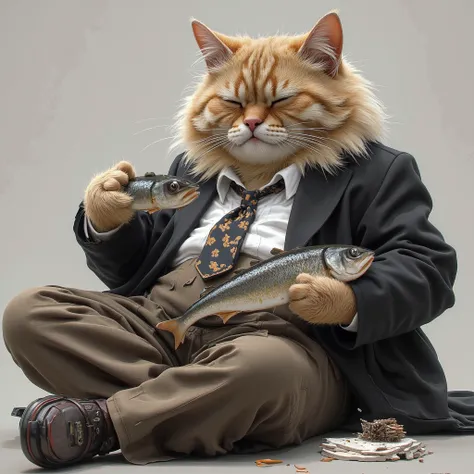 A lazy, overweight cat dressed in an old suit with a messy tie, holding a half-eaten fish. His fur is scruffy, and his expression is one of mild disinterest.