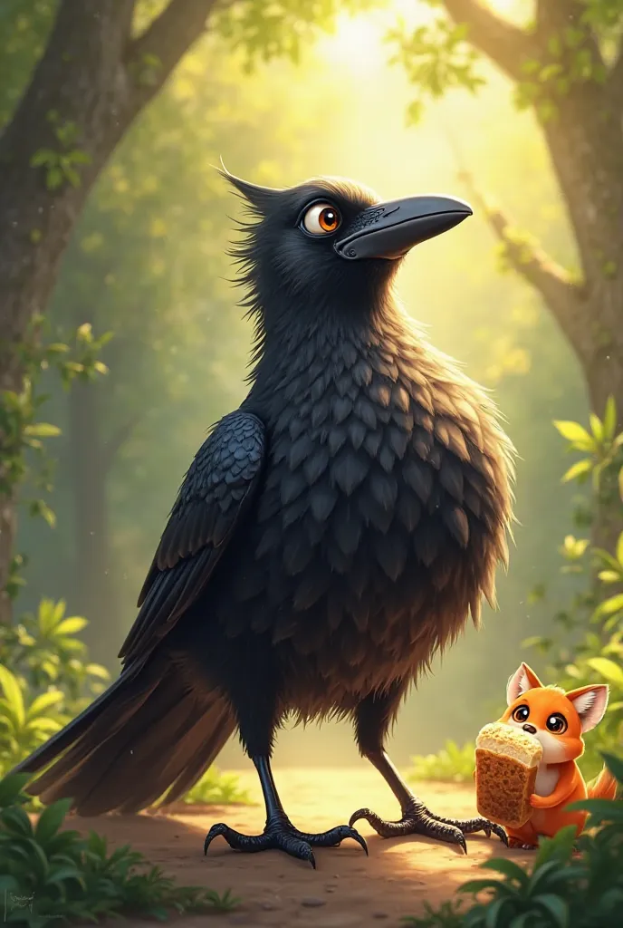 The crow puffing up its chest, looking proud and happy after hearing the fox's words. The bread is still in its beak, but it looks tempted to respond."
Animated image