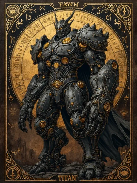 Titan giant，Runes engraved on a quaint mecha，on dark brown canvas bottom background， with black and gold tarot pattern framing ，ral-dissolve，epic，Powerful，wild，Rough，wild的星球场景， details， high quality， Ultra HD， xane value rendering，realistic的肖像，Light art，mo...