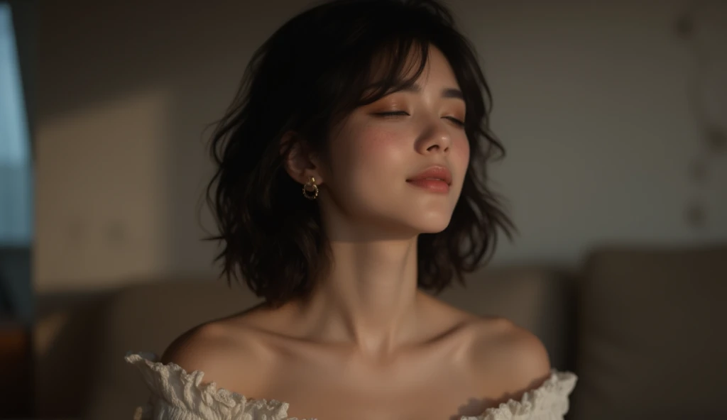 A stylish, slightly boyish white woman with soft, wavy black hair and subtle freckles across her cheeks and nose. She is seen from the waist up, deeply immersed in music. Her eyes are gently closed, fully feeling the rhythm of the music. She wears an off-s...