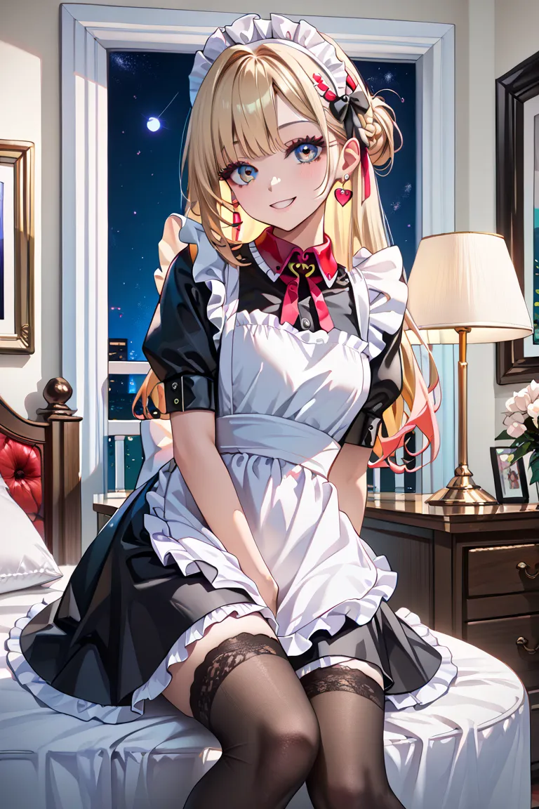 masterpiece, best quality, delicate illustration, newest, very aesthetic, sharp focus, nsfw, POV, a girl with a red slave collar, blond hair, standing, (((maid wear, black skirt, white apron, black knee-high stockings))), soft smile, beautiful big eyes, wi...