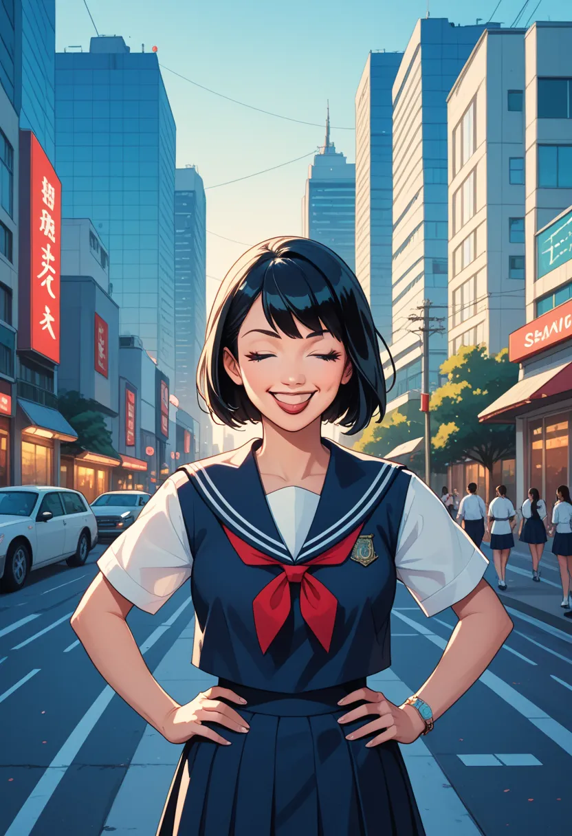 comic book-style drawing, ink brush strokes and a noir comics style. colored pen, high contrast, cinematic lighting, 1 girl, late age, Japanese, walking, (masterpiece), hands on hips, half body, from front, school uniform, serafuku, head phone, medium hair...