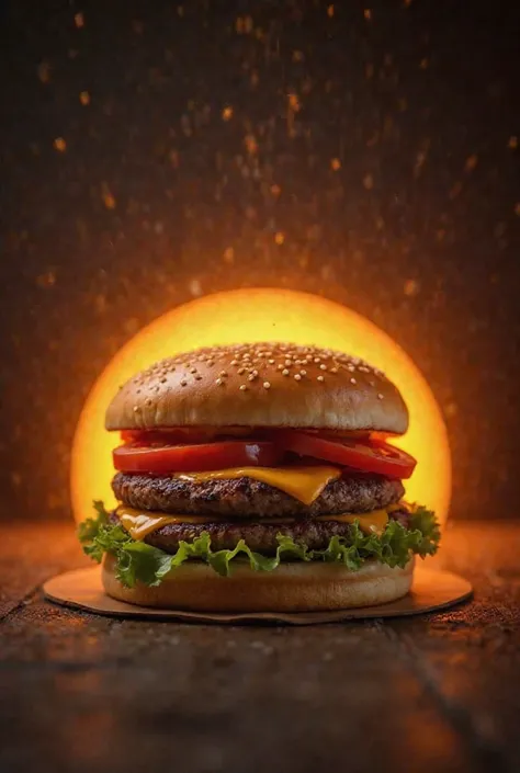 Make a delicious burger, so that there is some light in the back, background black