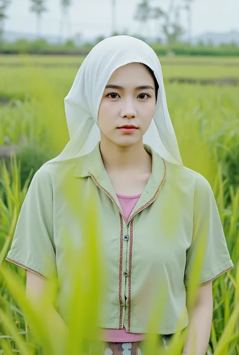 A young woman in a pink, baju kurung and a white hijab, dressed in a traditional Malaysian batik skirt, sits in a rice paddy. The setting is a terraced rice paddy field with lush green grass and rice paddies, and blurred trees in the background. The image ...