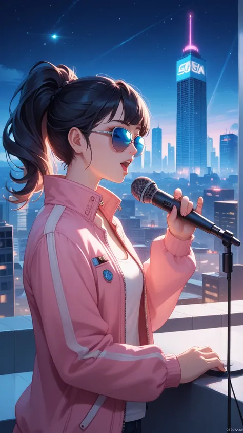 Pink clothes have a sense of the future、light blue、green、Hair color is white and black mesh、Pretty Girl、Holding a microphone and singing on the roof of a building at night、 expressionless