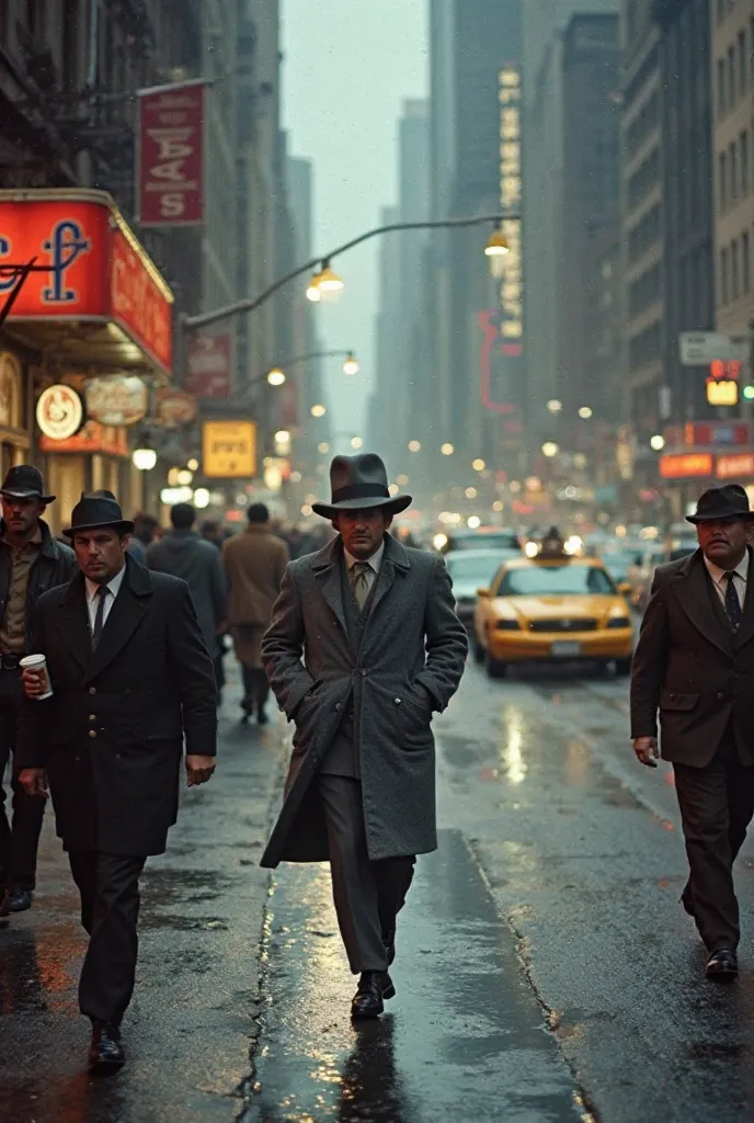 J'aimerais une photo d'un trottoir de newyork  en 1970 en perspective ... a gauche des boutique à droite la route et des taxis qui attendent. Description: un homme en costume gris commence a courrir au milieux de la foule habillée en manteaux d'époque 1970...