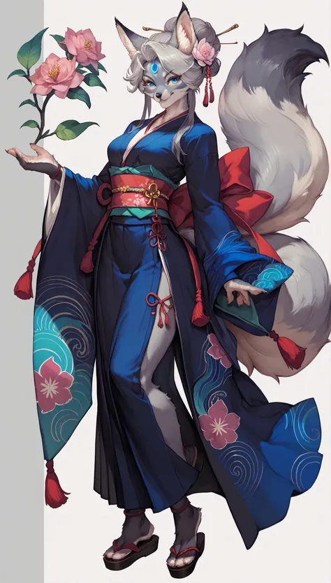 kitsune furry girl, blue eyes, gray fur, japanese clothes, full body, character sheet, detailed clothes, long blach hair, blue and black clothes, flower patron, too much accesories, magestic japanese dress, godess