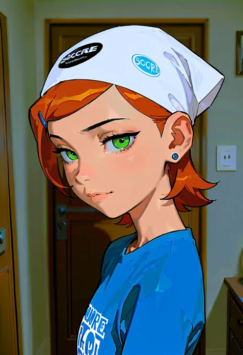 score_9,score_8_up,score_7_up,score_6_up, masterpiece, best quality, amazing quality, very aesthetic, absurdres, Gwen Tennyson, 1girl,solo,portrait, orange hair, earrings,single ear clip, blue shirt, indoors, bedroom, looking at viewer,masterpiece, best qu...