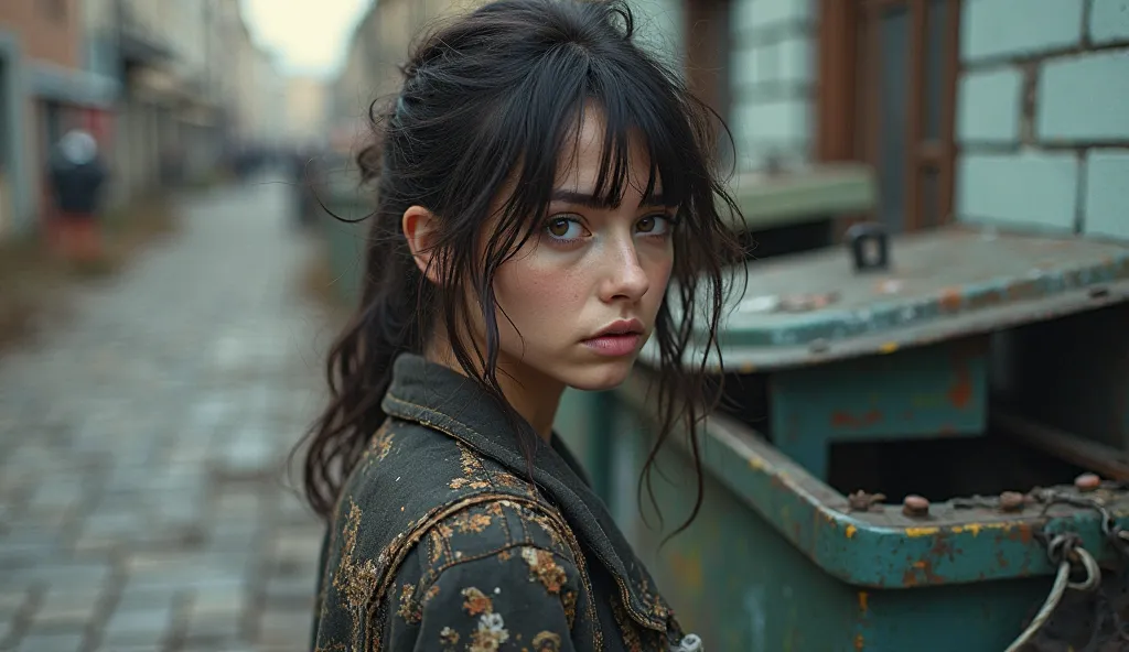 take an ultra realistic photo of a dirty Russian very beautiful girl in torn things standing near a trash can. the photo should be bright and colorful