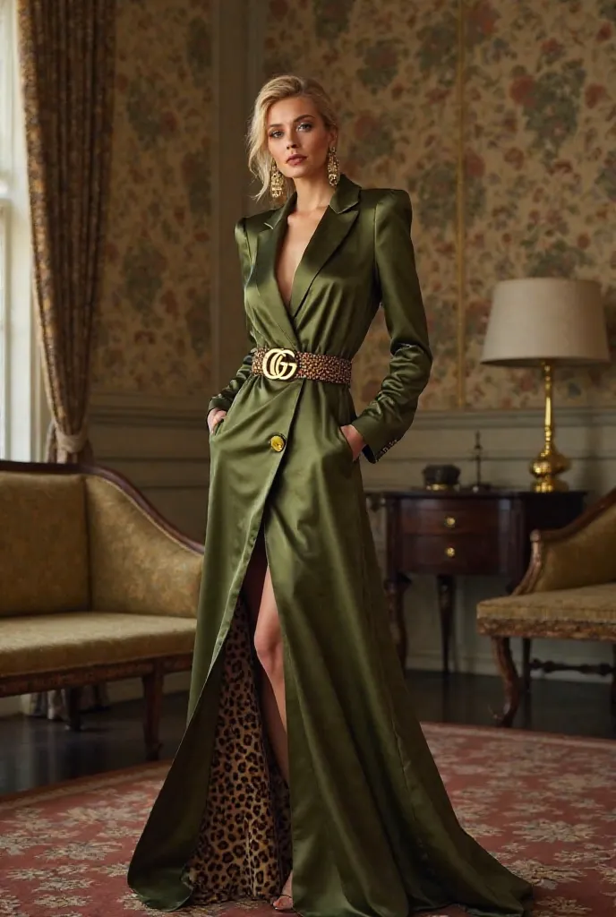 [A woman with styled blonde hair and makeup is posing in a long, olive green satin blazer dress; the dress features a deep V-neckline, a high slit, and a dramatic train; a gold double "G" logo belt cinches her waist; the train reveals a leopard print linin...