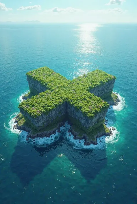 An island shaped like the 1X sign seen from the sky