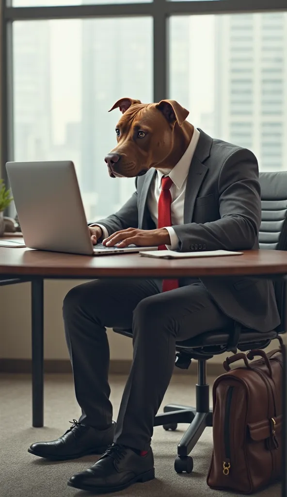 "A hyper-realistic muscular brown pitbull with white chest markings, sitting at a modern office desk, wearing a full gray suit (jacket and pants), red necktie, white shirt, and small black shoes, trying to type on a laptop with his paws, looking frustrated...