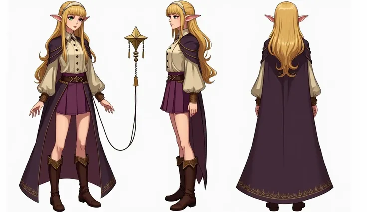 A girl with elven features. She has long golden blond hair with bangs and a bandage. pointy ears, as is typical for elves. Her eyes are of different colors — one green, Other red.
She is wearing a beige blouse with long sleeves and buttons, tucked into a s...