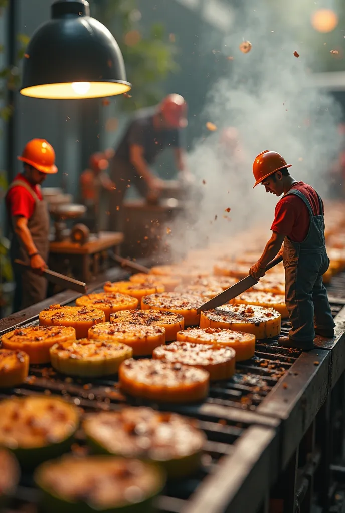 /imagine prompt: A hyper-realistic, cinematic close-up of tiny workers preparing grilled vegetables, showcasing a vibrant scene. Two workers are actively cutting the grilled vegetables with knives, while another stands on top of the vegetables. One worker ...