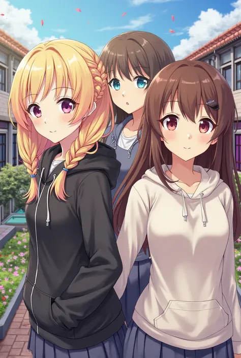 Anime generate image 3 three girls. The first girl has blonde golden hair with pink strands and her hair is braided. The second girl has brown hair in a bob and a black hood. The third has hair with a cascade haircut brown  to her shoulder blades. She is w...