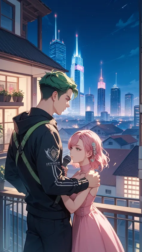 Pink clothes have a sense of the future、light blue、green、Hair color is white and black mesh、Pretty Girl、Holding a microphone and singing on the roof of a building at night、 expressionless、Man&#39;s back view