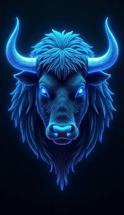 Create a highly realistic, ultra-detailed 4K logo of a Bull with neon blue tones. The bulls face should have intricate details, lifelike textures, and piercing eyes that convey power and intelligence. Its mane should emit a radiant neon glow, with smooth, ...