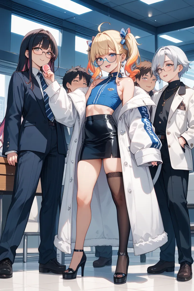 The hair is blond, short and short than the shoulders and dyed blonde、 height 170cm。Aobuchi glasses。Androgynous face。blue sleeveless and black tight skirt that is shorter than the inseam and has a full crotch、Black stockings and black heels。 and is wearing...