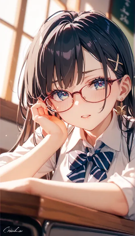 depicting a girl with long black hair standing in a classroom。She wears glasses、I'm wearing a uniform 、and warm sunlight shining through a window。clutching a penis in her hand、Her face is sperm released by ejaculating There is a heart mark on the eyes of t...