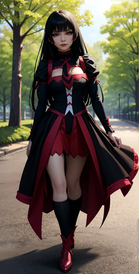 Rory Mercuty,high resolution, Best quality, HD model, high detail, high quality, full frame, full length , full height,  gothic style, black hair, straight hair, Breasts, makeup, scarlet lips, Park,  walking in the park , posing in the park 