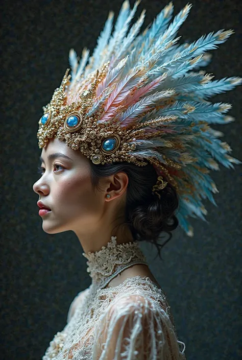 Please help me design a headdress with feather elements，And the hair is all growing upwards