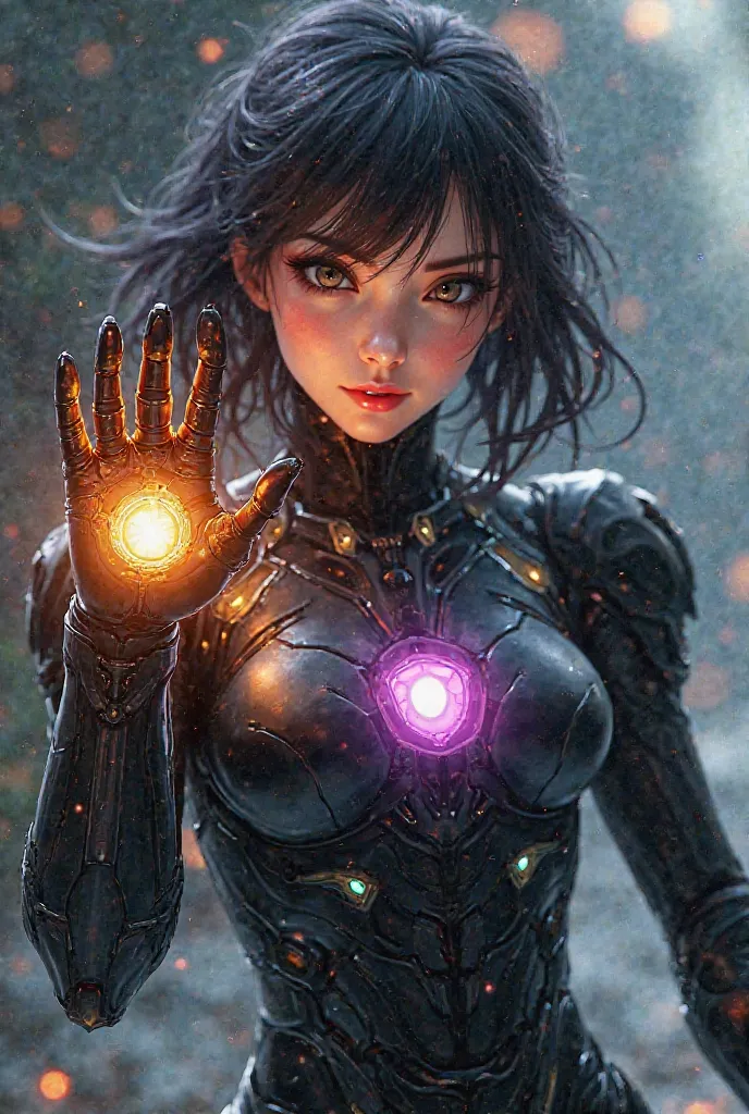 A woman in anime with the armor of Iron Man who supports all the jewels of Infinity, And that the armor be black, and that the jewels remain only in the glove, And each jewel with its correct color,  which is orange , yellow, green, blue,  red and purple, ...