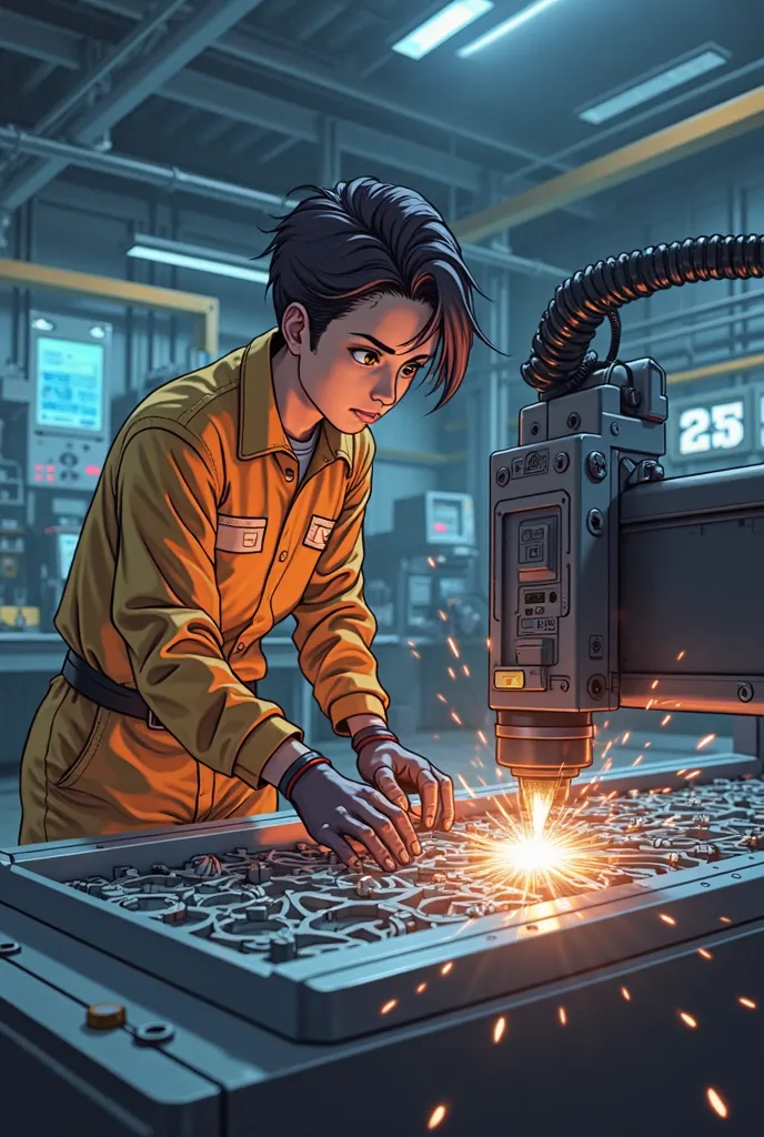 Man working on a laser machine, Cuts metal,  Anime style