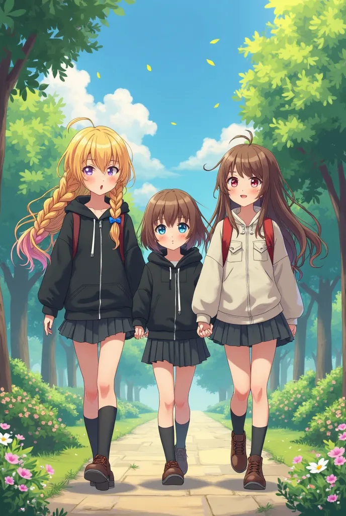 Anime generate image 3 three girls. The first girl has blonde golden hair with pink strands and her hair is braided. The second girl has brown hair in a bob and a black hood. The third has hair with a cascade haircut brown  to her shoulder blades. She is w...