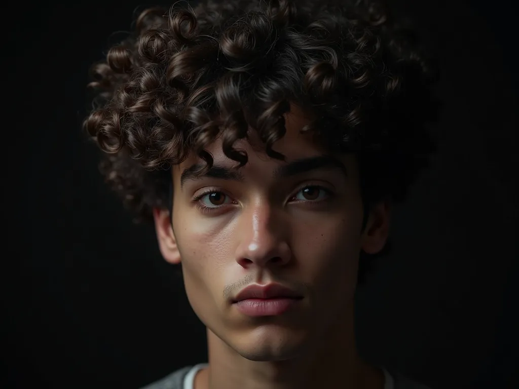 The picture of a young man is close to the truth. His hair is curly and has thick curly hair behind him in the middle of blackness