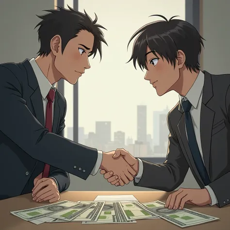 Image with two people shaking hands and money on a table and shows people's faces , imagem ultra realistica e, anime