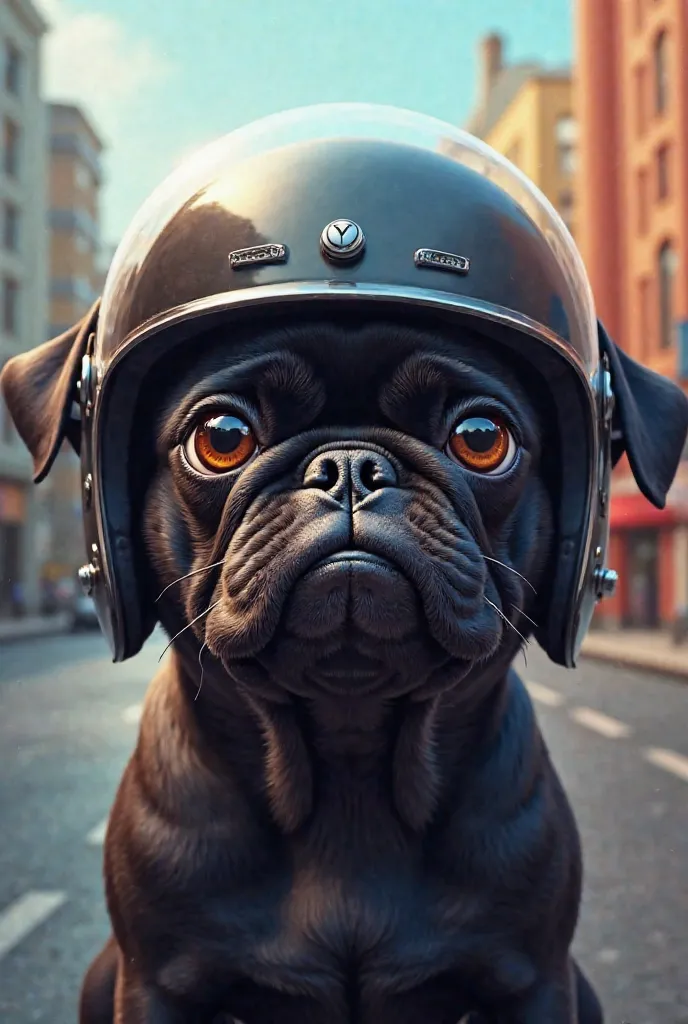 Black pug with peaked motorcycle helmet