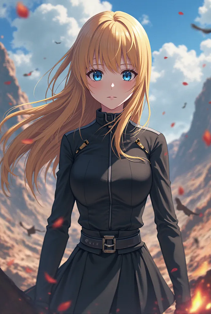  1 girl. long blonde ,wearing black collared clothes,dark blue eyes,Mainland Battle,Naruto x Tam,anime