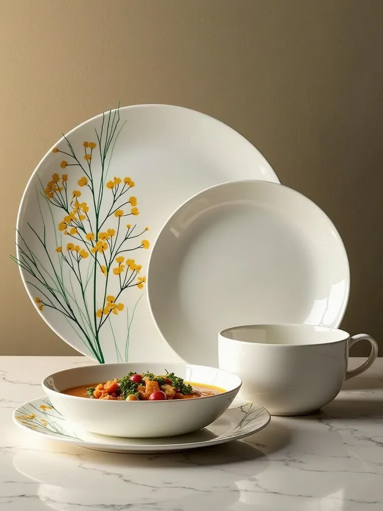 "Design a luxurious and highly modern dinnerware set for a high-end Iranian restaurant, avoiding traditional porcelain materials. The set should have a sleek, contemporary aesthetic while incorporating subtle Persian influences in a minimalist way. It shou...