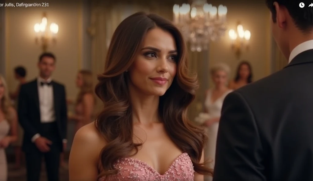 Image is a still from a video, featuring a formal event setting with elegant decor, including chandeliers and soft lighting. In the foreground, a woman with long, wavy brown hair and fair skin is wearing a strapless, intricately designed pink gown. She is ...