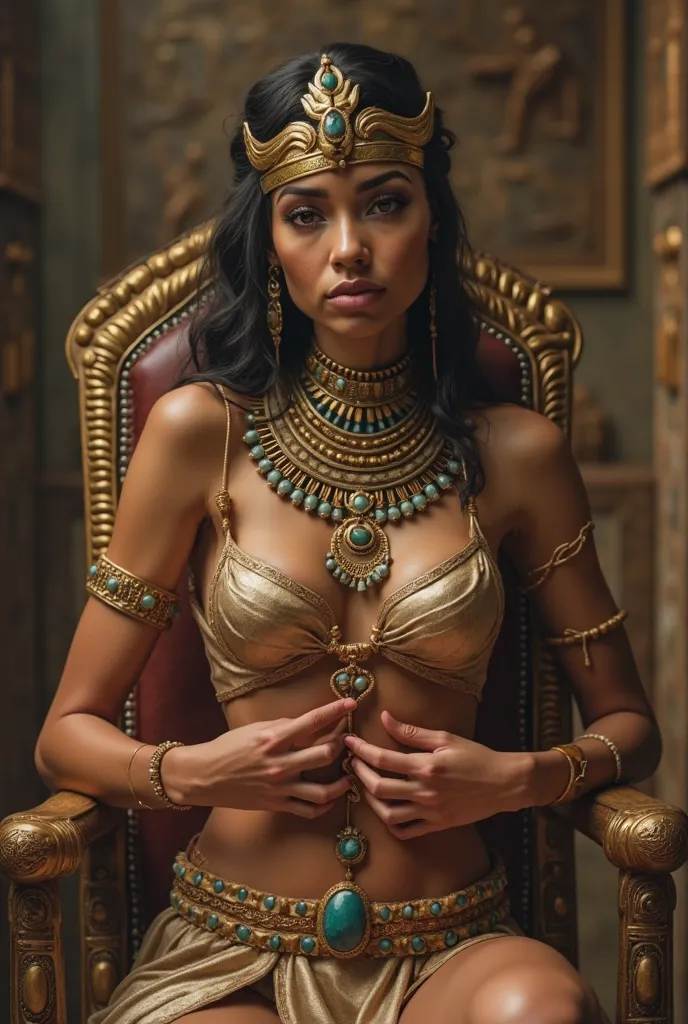 Create a realistic and high-quality picture of an Egyptian queen. She is tied to a chair, And she is completely naked . she wears jewelry, And there is a man in front of her. She has his penis in her mouth, And her body is full of sperm.