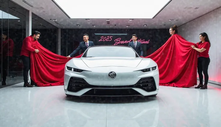 captivating image of a 2025 Buick Grand National  taking a center stage in a luxurious white showroom.
The futuristic, vibrant white exterior gleams , showcasing it's sleek aerodynamic design and bold accents ,the words 2025 Buick Grand National a man and ...