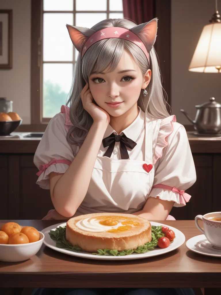 Realistic asian girl, have a long gret hair with cat ears, blushing on her nose and cheek, wear apron, eating with her husband