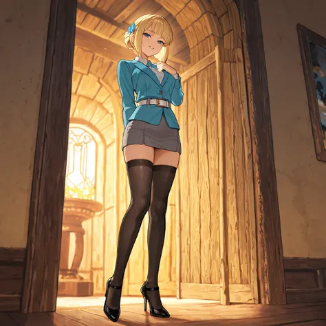 Disney Rapunzel blonde short hair bob hairstyle, beautiful long legs detailed,3d,  Sporty figure,full body, high Heels,gray miniskirt, white belt ,animated,black stockings, seductive,