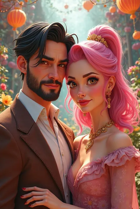 Adult woman with pink hair and brown eyes, together with adult man with black hair and beard and mustaches brown eyes,  animated