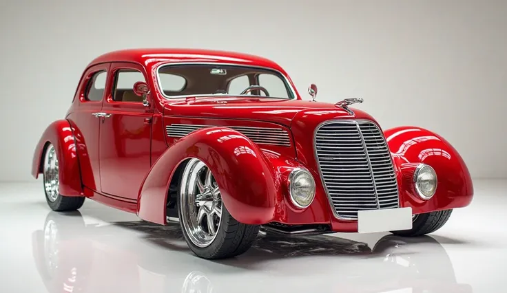 Fornt side) view of painted (Gleamy creamy (red) shiny  (red) clour  New ( Ford model A  )in large shape sedan in large size with  (Ford model A )  large detailed grille in shiny white clour with angular sporty design captured from close full (fornt side)v...