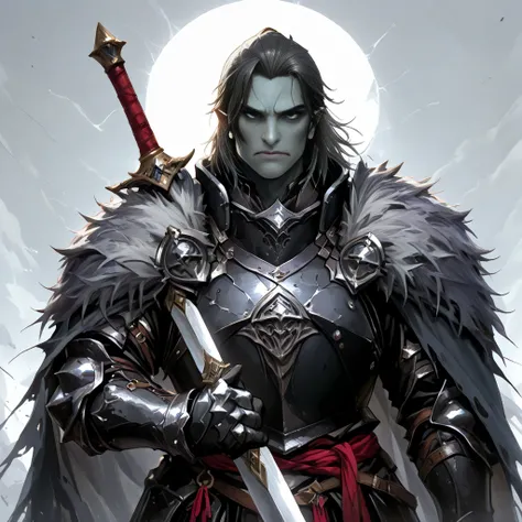 master piece, best quality,very aesthetic, absurdres, alone, looking at viewer, upper body, Wear black full-body armor and cloak、Orc man holding a large two-handed sword, simple sword, grey skin, gray eyes, I'm trimming my black hair