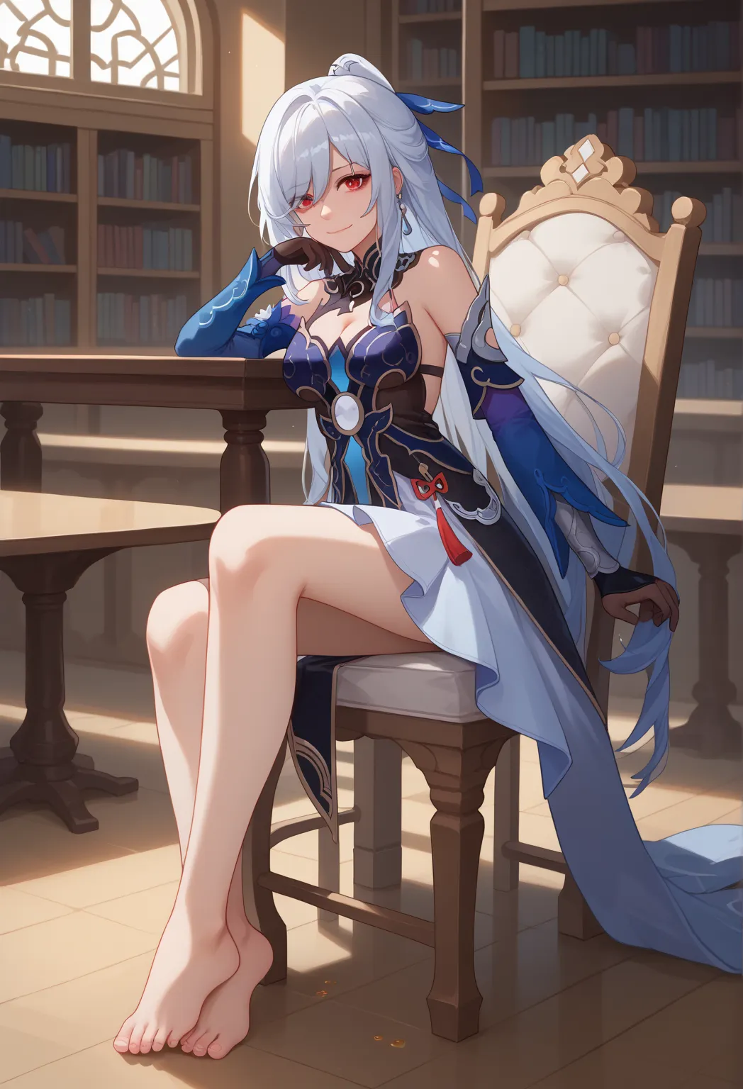 score_9, score_8_up, score_7_up, source_anime, 1girl, jingliudef, red eyes, white hair, long hair, high ponytail, earrings, jewelry, medium breasts, bare shoulders, detached sleeves, blue sleeves, blue dress, cleavage, black gloves, white skirt, sitting, o...