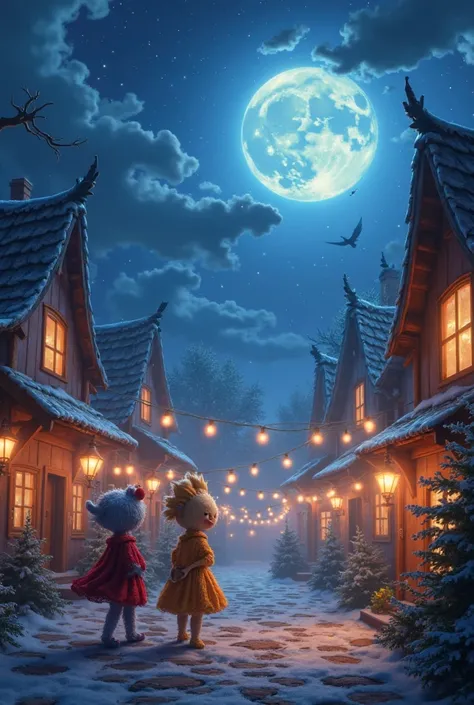 Scene 8: The Moonlight Returns
Description for AI Image Generation:
"The village is glowing brightly again, with the moon shining in the sky. The s and the creature are dancing and laughing in the village square. The houses are lit up, and the atmosphere i...