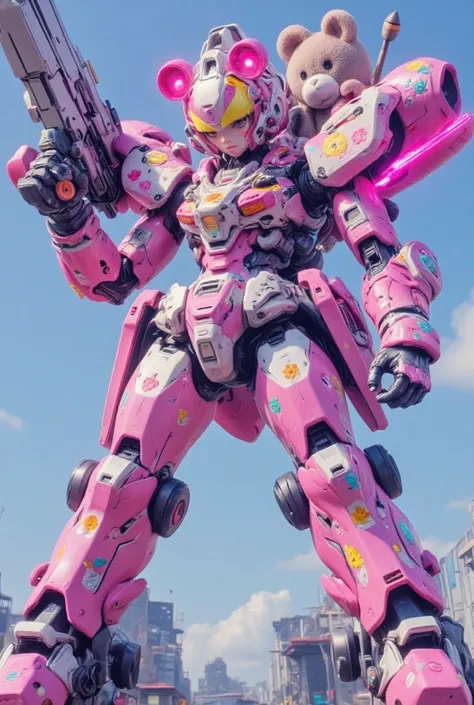 cute girly robot holding teddy-bear. colorful flower pattern on body, equiped heavy beam-gatling-gun at back, kawaii mood, Joints and gaps glowing pink..hardcore machine. newest anime style,cute pop background,high brightness.vivid color, pop, relax mood.f...