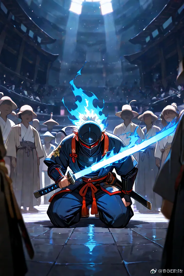 Masterpiece, best quality, bright light, a guy, full view, kneeling holding a blue flaming katana sword stabbing the ground creating a blue shockwave, behind him there is a legendary samurai soul, the boy is miserable, surrounded by many unknown people sur...