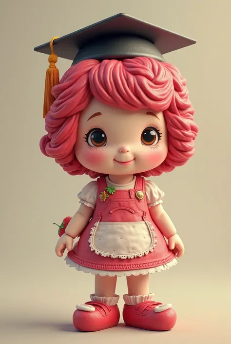 I uploaded an image of Strawberry Shortcake’s character, and I want you to edit it by adding a graduation cap. The final image should remain the same, with no changes to the original appearance except for the added cap. The body should be carefully removed...