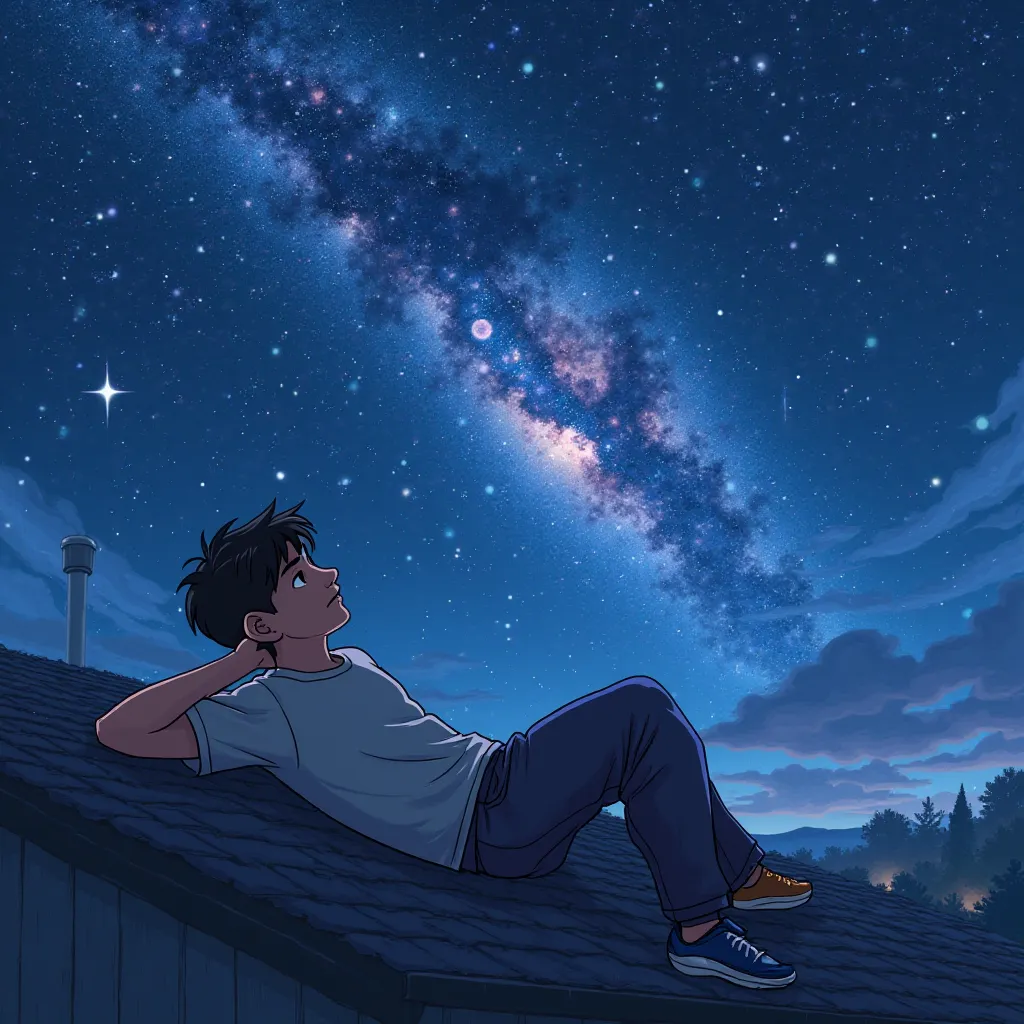 A guy alone watching night sky lying on house roof his position is his hand support to head like pillow
And sky view is universe galaxy. Cartoon. Dont want moon. Sky full galaxy view. 