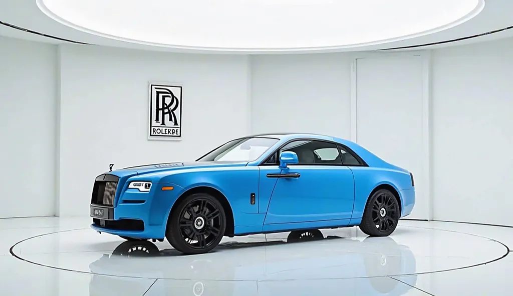 photo of a bright (blue) (2025 rolls royce) in a luxurious white showroom. the car's front side and out side view is fully visible. the (company) badge is prominently displayed large on the wall behind the car. the floor is spotless